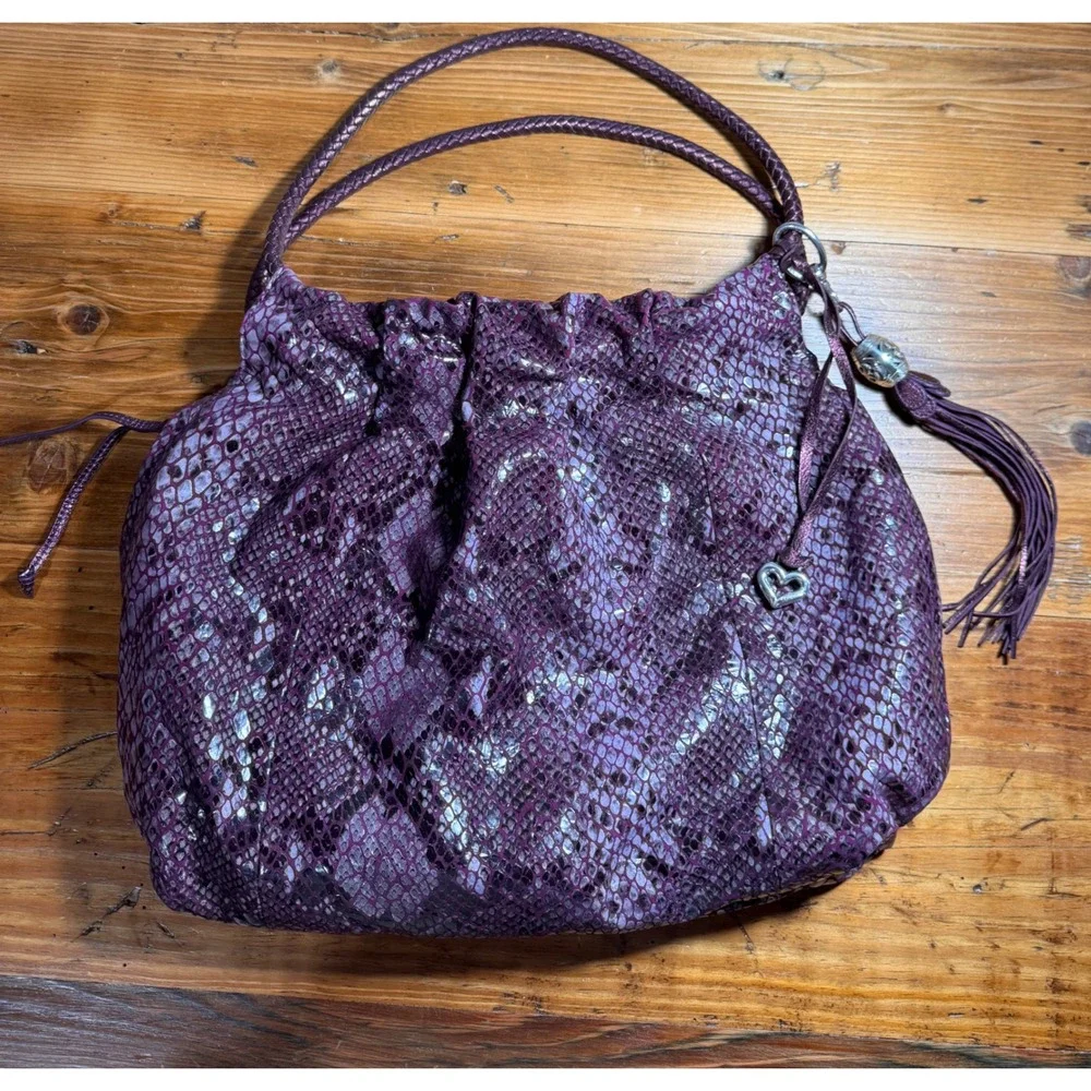 Brighton Nolita Metallic Purple Python Snakeskin Slouchy Leather Hobo Bag Tassel
